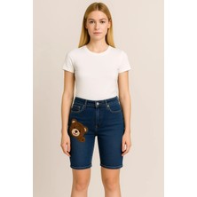 Jeans Ayıcık Desenli Likralı Kot Şort
