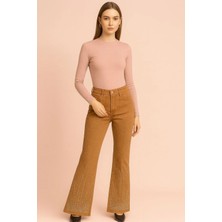 Kadın Jeans Gabardin Kumaş Taşlı  Ispanyol Paça Pantolon