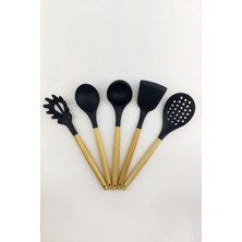 Bambu Saplı 5'li Silikon Mutfak Seti, Kepçe, Kaşık, Spatula, Kevgir, Makarna ve Salata Için