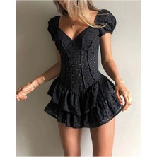 Astarı Şortlu Transparan Detaylı Dantel Kısa Kol Mini Gece Şort Tulum