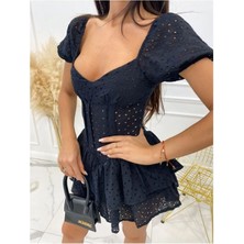 Astarı Şortlu Transparan Detaylı Dantel Kısa Kol Mini Gece Şort Tulum