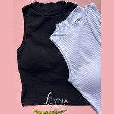 Kadın Fitilli Ribana Kumaş Sabit Pedli Balıkçı Yaka 2'li Siyah ve Beyaz Crop Atlet