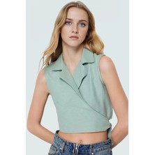 Keten Görünümlü Crop Bluz Ceket Yaka Kalın Askılı Yazlık Rahat Kullanım