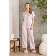 Saten Gecelik Sabahlık Pijama Takım Şort Takım 6'lı Gelin Çeyiz Seti - 6010 Pudra