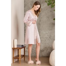 Saten Gecelik Sabahlık Pijama Takım Şort Takım 6'lı Gelin Çeyiz Seti - 6010 Pudra