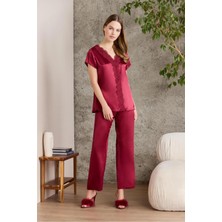 Saten Gecelik Sabahlık Pijama Takım Şort Takım 6'lı Gelin Çeyiz Seti - 6010 Bordo