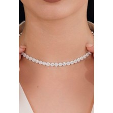 Gümüş Beyaz Zirkon Taşlı Pırlanta Modeli Su Yolu Choker Tasma Kolye