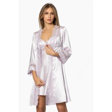 Saten Gecelik Sabahlık Pijama Takım Şort Takım 6'lı Gelin Çeyiz Seti - 6010 Viola