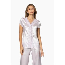 Saten Gecelik Sabahlık Pijama Takım Şort Takım 6'lı Gelin Çeyiz Seti - 6010 Viola
