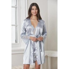 Saten Gecelik Sabahlık Pijama Takım Şort Takım 6'lı Gelin Çeyiz Seti - 6015 Mist