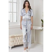 Saten Gecelik Sabahlık Pijama Takım Şort Takım 6'lı Gelin Çeyiz Seti - 6015 Mist