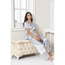 Saten Gecelik Sabahlık Pijama Takım Şort Takım 6'lı Gelin Çeyiz Seti - 6015 Mist