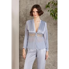 Saten Gecelik Sabahlık Pijama Takım Şort Takım 6'lı Gelin Çeyiz Seti - 6005 Mist