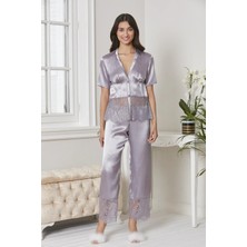 Saten Gecelik Sabahlık Pijama Takım Şort Takım 6'lı Gelin Çeyiz Seti - 6015 Royal