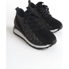 Alya Bağcıklı Ortopedik Taban Taşlı Kadın Sneaker Spor Ayakkabı Bt - Siyah