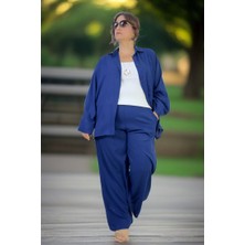 Yagmur Beren Esnek Pamuklu Yazlık Kumaş Yarasa Kol Gömlek Beli Lastikli Cepli Pantolon Büyük Beden Ikili Takım