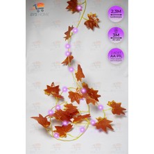 Dekoratif Sonbahar Yapraklı 230 cm Yapay Sarmaşık ve 300 cm Peri LED Pembe Renk