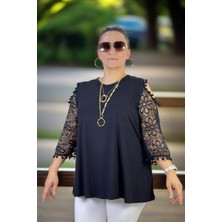 Pencere Detaylı Kolları Dantel Bisiklet Yaka Büyük Beden Bluz Siyah