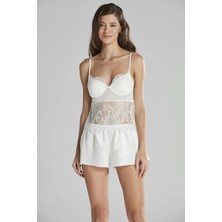 Saten Gecelik Sabahlık Pijama Takım Şort Takım 6'lı Gelin Çeyiz Seti - 6015 Ekru