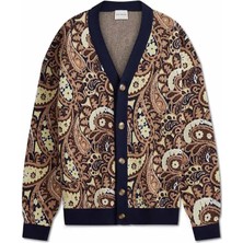 Cashmere Paisley Jakarlı V Yaka Cardigan - Kontrast Kenarlar ve  Horn Düğme