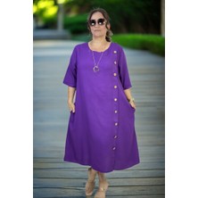 Yandan Ahşap Düğme Detaylı Cepli Truvakar Kol Pamuklu Viskon Büyük Beden Elbise