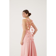 Askıları Yaprak Detaylı Uzun Raina Elbise Pembe