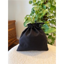 Şık Siyah Keten Mini Bez Kese, Büzgülü Düzenleyici, 20X20 cm