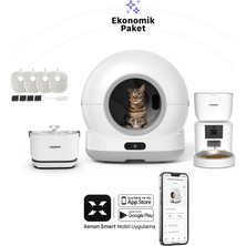 Xenon Smart Akıllı Otomatik Kedi Tuvaleti Paslanmaz Çelik Kaseli 4LT Hazneli Mama Kabı Bataryalı Su Pınarı ve Filtre 4'lü Pet Seti