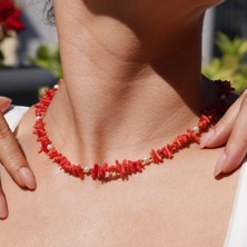 14 Ayar Altın Kaplama Turuncu Mercan ve Inci Boncuklu Doğal Taşlı Gerdanlık - NS00100