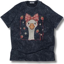 Oversize Çilekli Ördek Baskılı Yıkamalı T-Shirt, Unisex Yaz Temalı Retro Tişört