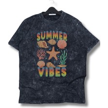 Oversize Summer Times Baskılı Yıkamalı T-Shirt, Unisex Yaz Temalı Vintage Tişört
