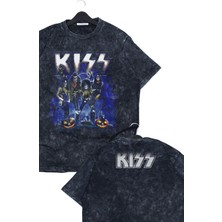 Oversize Kiss Pumpkin Ense Baskılı Yıkamalı T-Shirt, Unisex Rock Band Temalı Vintage Tişört
