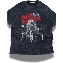 Oversize Iron Maiden Est 1975 Baskılı Yıkamalı T-Shirt, Unisex Rock Band Temalı Retro Tişört