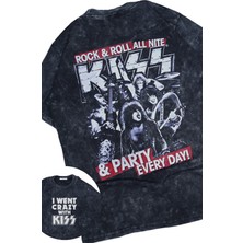 Unisex Kiss Party Every Day Sırt Baskılı Yıkamalı T-Shirt, Oversize Rock Band Temalı Retro Tişört