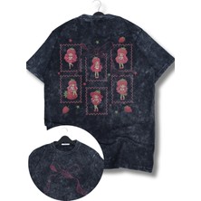 Unisex Çilek Kız Sırt Baskılı Yıkamalı T-Shirt, Oversize Yaz Meyve Temalı Vintage Tişört