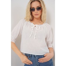 Kadın Yakası Fırfır Detaylı Bluz 959 - Beyaz