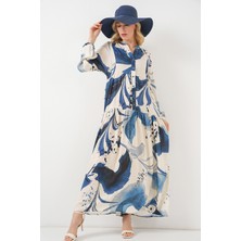 Kadın Desenli Uzun Tesettür Elbise 2585 - Lacivert