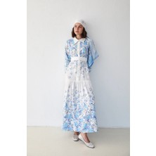 Flora Çiçekli Taş Düğmeli Kemerli Gömlek Elbise