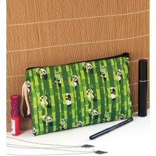 Yeşil Bambu Panda Desenli Fermuarlı Kalemlik ve Makyaj Çantası, Büyük Boy