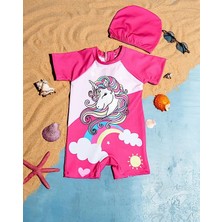 Kız Çocuk Unicorn Baskılı Boneli Renkli Mayo