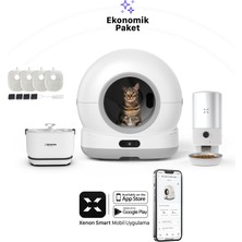 Xenon Smart Akıllı Otomatik Kedi Tuvaleti Paslanmaz Çelik Kaseli 5LT Hazneli Mama Kabı Bataryalı Su Pınarı ve Filtre 4'lü Pet Seti