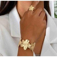 Çiçekli Bileklik ve Yüzük Seti Gold