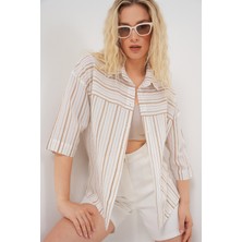 Kadın Çizgili Kısa Kol Gömlek 20344 - Krem