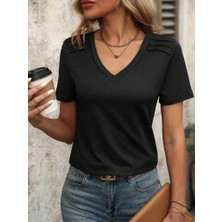 Rose's Boutiqe All About Women Kadın Kollu V Yakalı Omuzlarda Çizgi Detaylı Viskon Bluz