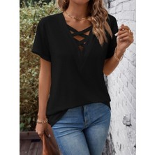 Rose's Boutiqe All About Women Kadın Kısa Kollu Önden Çapraz Detay V Yakalı Viskon Bluz
