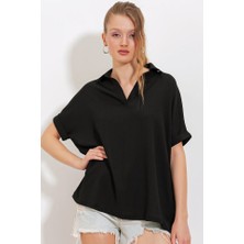 Rose's Boutiqe All About Women Siyah Oversize Polo Yaka Örme Bluz 0486