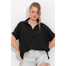 Rose's Boutiqe All About Women Siyah Oversize Polo Yaka Örme Bluz 0486