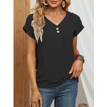 Rose's Boutiqe All About Women Kadın Kısa Kollu Önü Düğmeli V Yaka Aerobin Bluz