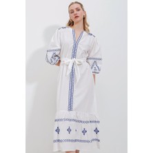 Rose's Boutiqe All About Women 2479 Desenli Keten Elbise - Beyaz