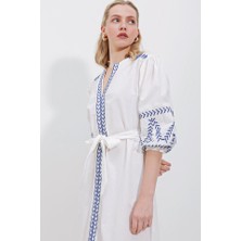 Rose's Boutiqe All About Women 2479 Desenli Keten Elbise - Beyaz